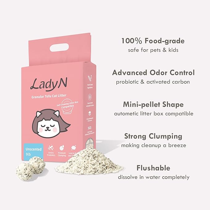 Lady N Granular Tofu Cat Litter Mini-Pellet Compatible with Automatic Self Cleaning Cat Litter Box, Strong Clumping Ultra Absorbent Natural Litter, Low Tracking, Odor Control Activated Charcoal 9lb
