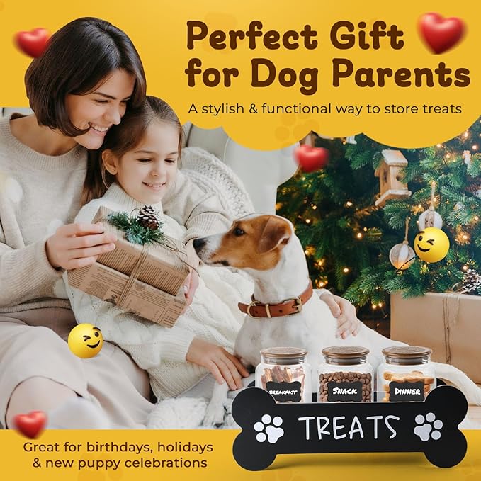 Dog Treat Container - Includes 3 Treat Jars, 1 Treat Bag, Wooden Pet Treat Holder, storage Basket, Dog Treat Station, with Reusable Sticker & Marker - Bone Shape