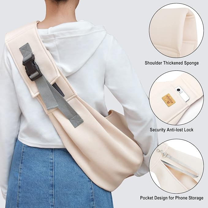 Dog Sling Hands Free Dog Sling Carrier Adjustable Strap Dog Carrier Sling Soft Cotton Dog Carrier Bag Dog Carriers with Pocket for Travel Outdoor(Beige)