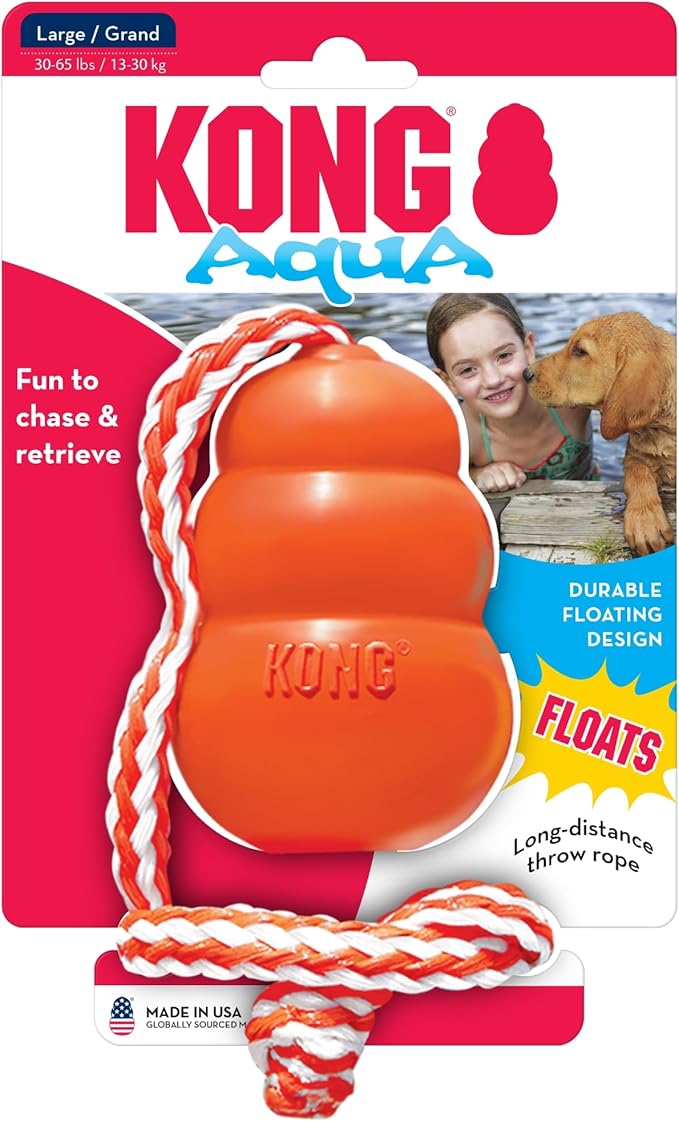 KONG Aqua Floating Fetch Toy - Dog Floating Toy for Water Retrieval, Play, Exercise & More - Natural Rubber Dog Toy with Foam Interior & Rope for Farther Throwing - Orange, for Large Dogs