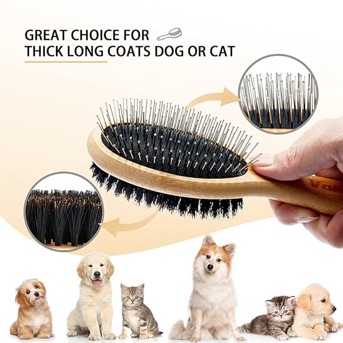 Dog Brush Cat Brush, Vokiuler Double Sided Bristle and Pin Pet Brush for Dog Grooming, Real Boar Bristle Shedding Brush with Bamboo Handle for Long Short Hair, 2 Pack Dog Comb, Black