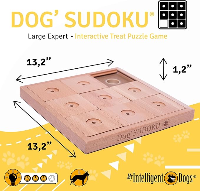 Interactive Wooden Sudoku Puzzle for Large Dogs - Expert Brain Pet Toy - 9 Treat-Hiding Holes, Large All-Wood Design