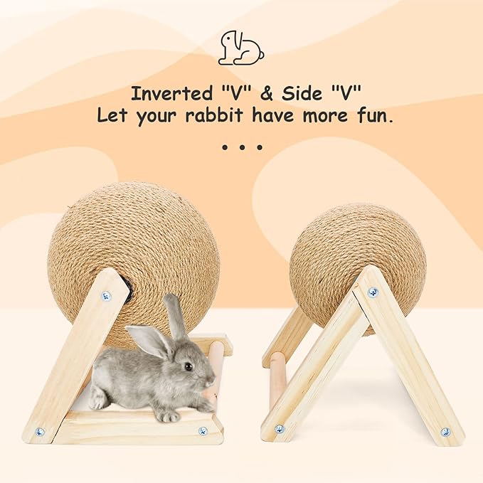 BNOSDM Rabbit Scratch Toy Wooden Natural Sisal Rope Rabbit Scratching Toy Ball Bunny Scratcher with Ball for Rabbits Bunnies Ferrets Kittens Small Animals (Medium)