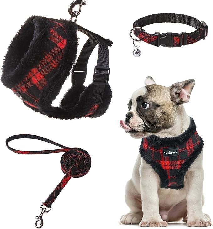 SCENEREAL Small Dog Harness Collar and Leash Set, Warm Fleece No Pull Puppy Vest Harness, Christmas Dog Outfit No Chock Adjustible Step in Pet Halter for Outdoor Walking Training, Red Plaid M
