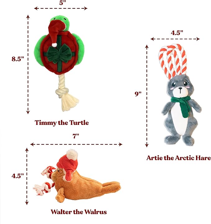Holiday Collection Dog Toys | Small Sized Santa Walrus, Winter Hare, & Festive Turtle | Cute, Durable, & Sustainable Plush Chew Toys for Dogs | Christmas Stocking Stuffer Gift
