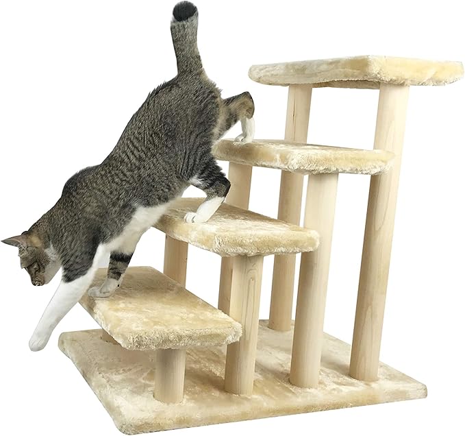 Wooden pet Stairs 4-Step pet Ladder cat Dog Easy Stairs with Detachable Carpet for high Bed and Couch (Beige)