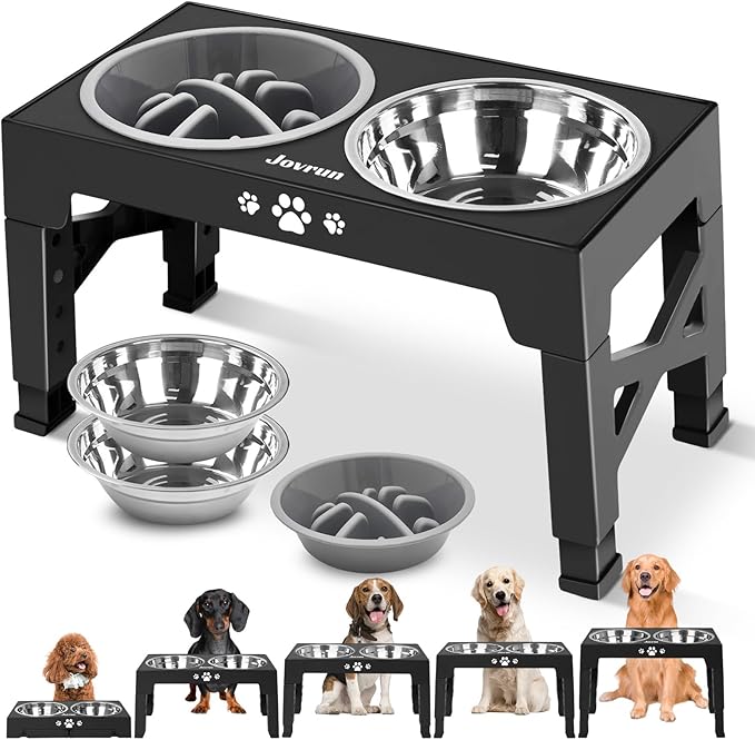 Elevated Dog Bowls, Dog Feeder with 2 Stainless Steel Dishes &1 Slow Feeder Bowl, 5 Heights Adjustable Raised Stand for Medium Large, Food Dishes with Non-Slip Feet