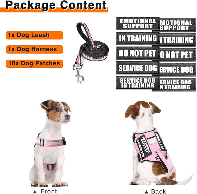 Service Dog Harness and Leash Set, Training Dog Vest with 10 Dog Patches, Emotional Support Therapy Dog Vest Harness for Small Medium Large and Extra Large Dogs(Pink, L)