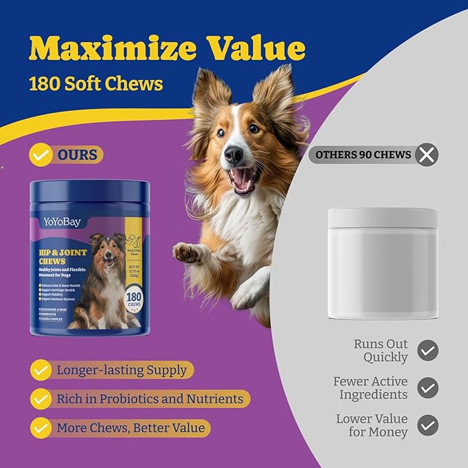 Joint Supplement for Dogs - Glucosamine for Dogs, with Chondroitin, MSM - Dog Pain Relief Anti-Inflammatory, Support Hip & Joint Health, Mobility - 180 Soft Chews, Duck & Pear Flavor