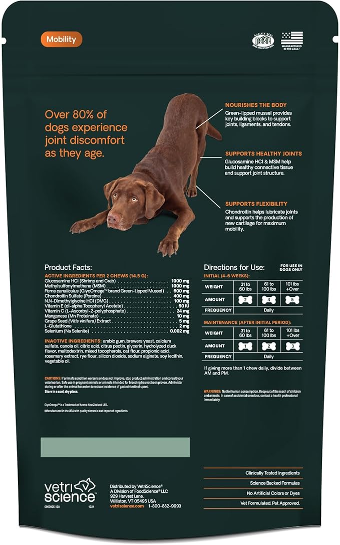 VetriScience GlycoFlex Ultimate Strength Healthy Hip & Joint Glucosamine Supplements for Dogs, with MSM, Chondroitin & Green-Lipped Mussel, Soft Chews, Duck, 120 Count - New Look