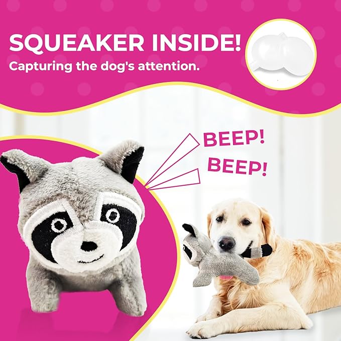 3 Pack of Raccoon Dog Toys with Squeaker, Plush Dog Toys for Small to Medium Size Dogs, Replacement Hide and Seek Dog Toys for Burrow Tree Toy (3 Pack: Replacement Animals, Raccoon)
