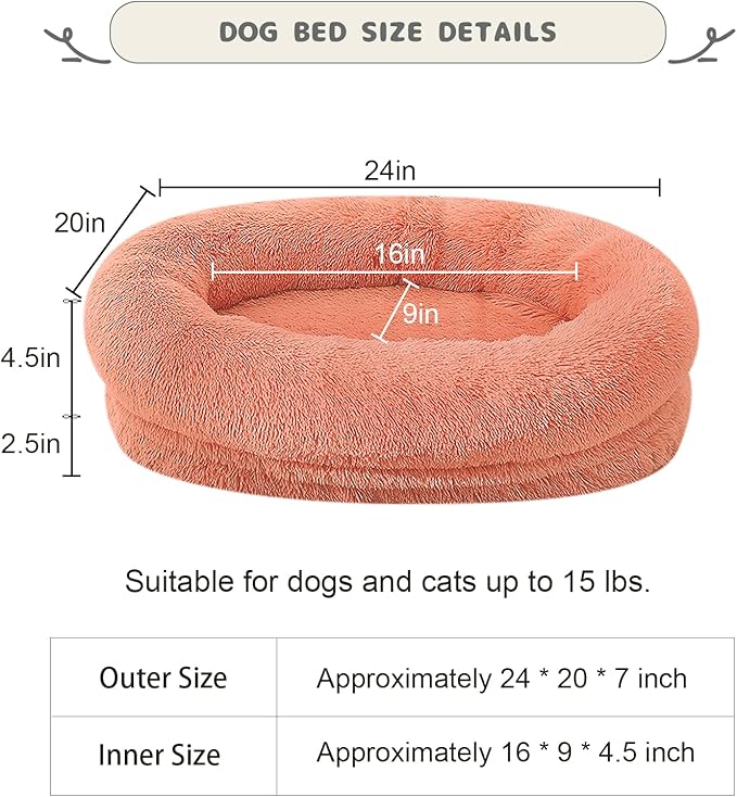 Calming Dog & Cat Bed - Washable Cover, Anti-Anxiety Donut Cuddler, Warming Cozy Soft Round Bed for Small Dogs & Cats (Pink, 24inch)