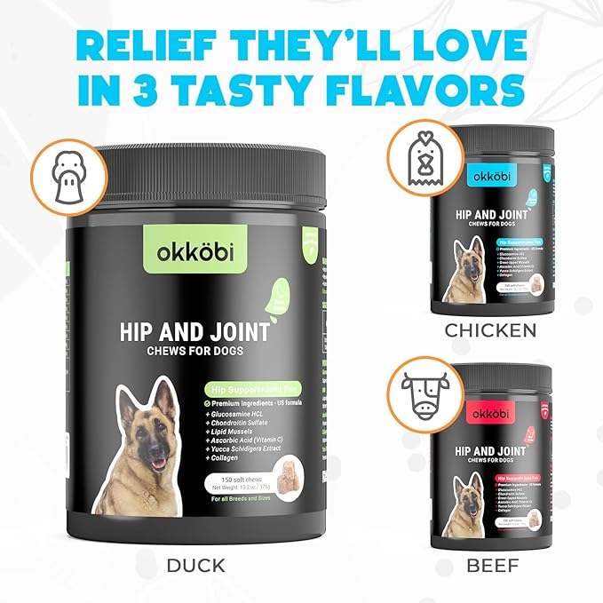 Glucosamine HCL & Hip and Joint Supplement for Dogs - 150 pcs - Hip and Joint Chews for Dogs - Vet Approved US Formula with MSM & Green Lipped Mussel - Duck