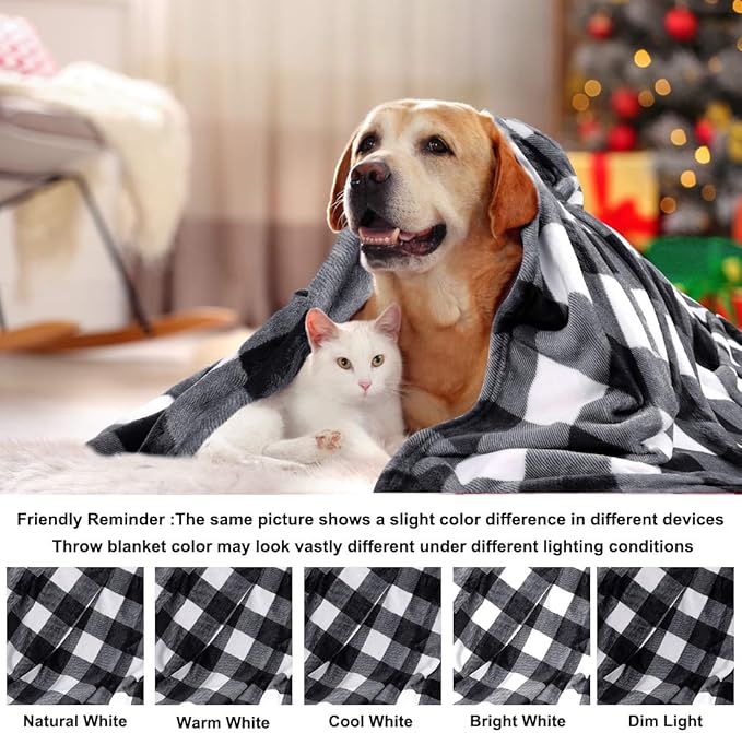 PiccoCasa Plaid Flannel Fleece Throw Blanket, Buffalo Checkered Soft Blankets and Throws, Plush Lightweight Decors Blanket for Couch Sofa Traveling, 50" x 60", White and Black Tartan