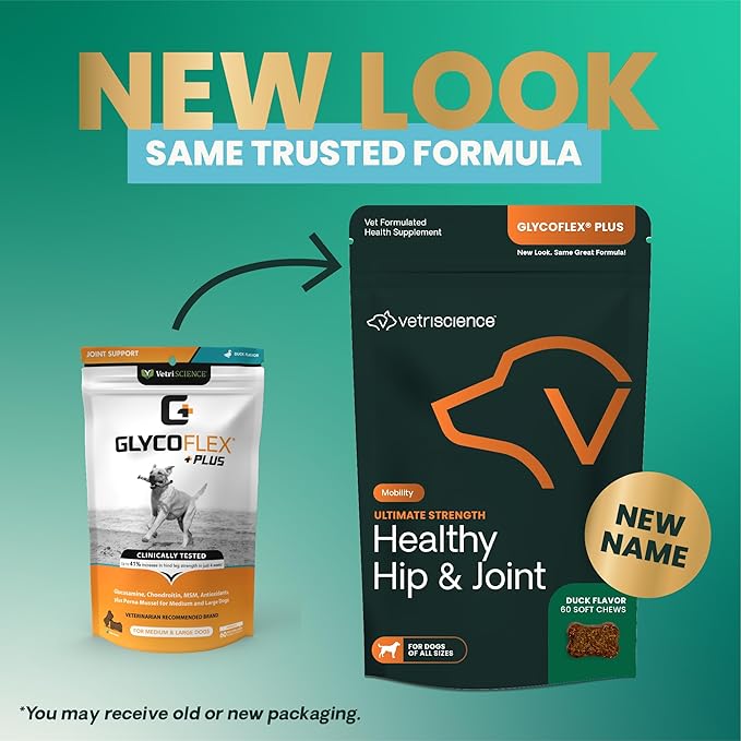 VetriScience GlycoFlex Ultimate Strength Healthy Hip & Joint Glucosamine Supplements for Dogs, with MSM, Chondroitin & Green-Lipped Mussel, Soft Chews, Duck, 60 Count - New Look