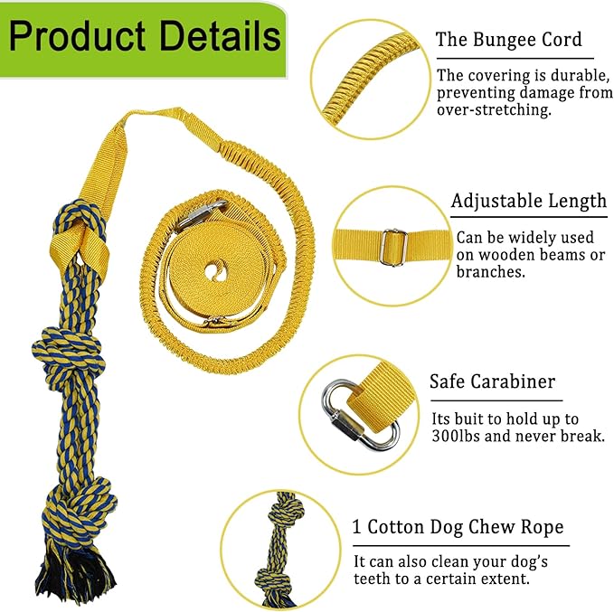 Dog Bungee Tug Toy Hanging from Tree,Outdoor Tether Tug of War Interactive Dog Rope with Chew Lure for Small Medium Large Dogs (Yellow)