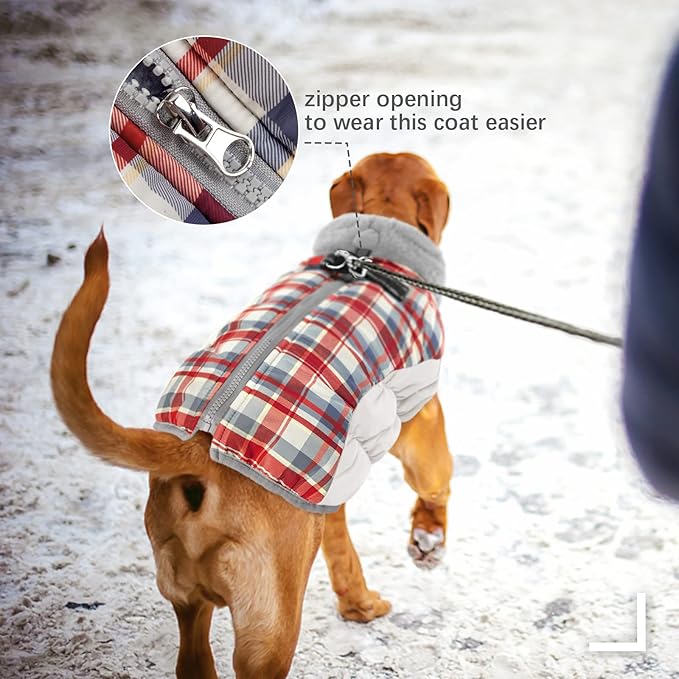 FUAMEY Dog Winter Coat, Jacket with Built-in Harness, Padded Vest, Reflective Clothes for Small to XXXL Dogs, Red Plaid