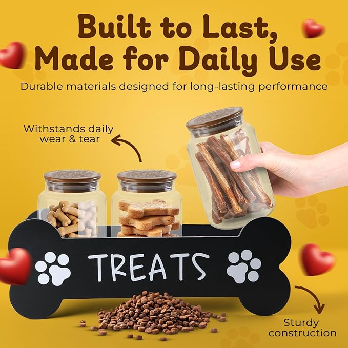 Dog Treat Container - Includes 3 Treat Jars, 1 Treat Bag, Wooden Pet Treat Holder, storage Basket, Dog Treat Station, with Reusable Sticker & Marker - Bone Shape