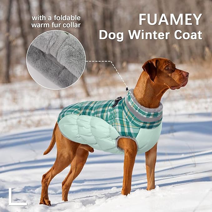 FUAMEY Dog Winter Coat - Jackets with Built-in Harness, Padded Vest, Reflective Clothes for Small to XXL Dogs, Green Plaid