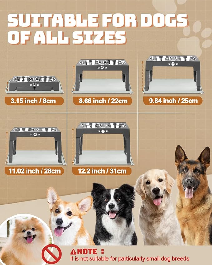 Elevated Dog Bowls, Dog Feeder with 2 Stainless Steel Dishes &1 Slow Feeder Bowl, 5 Heights Adjustable Raised Stand for Medium Large, Food Dishes with Non-Slip Feet