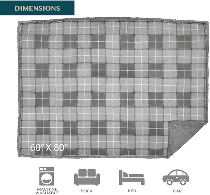 PAVILIA Waterproof Blanket for Couch, Sofa | Waterproof Dog Blanket for Large Dog, Puppy, Cat | Pet Blanket Protector | Plush Soft Warm Fuzzy Sherpa Blanket Bed Throw, Plaid Light Grey, 60x80