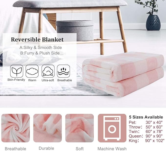 PiccoCasa Plaid Flannel Fleece Throw Blanket, Buffalo Checkered Soft Blankets and Throws, Plush Lightweight Decors Blanket for Couch Sofa Traveling, 50" x 60", Pink and White Tartan