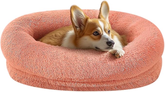 Calming Dog & Cat Bed - Washable Cover, Anti-Anxiety Donut Cuddler, Warming Cozy Soft Round Bed for Small Dogs & Cats (Pink, 24inch)