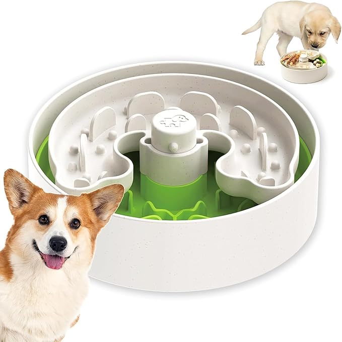 Slow Feeder Dog Bowl for Puppies with Non-Slip Base - Adjustable Speed Design, Removable Puzzle Inserts & Dishwasher Safe, Green