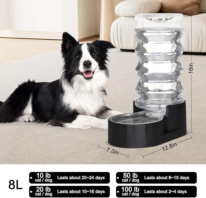 8L Automatic Pet Waterer, 100% BPA Free, Stainless Steel Gravity Feeder, Convenient Drinking Water Dispenser Designed for Dogs and Cats (Black, 8L)