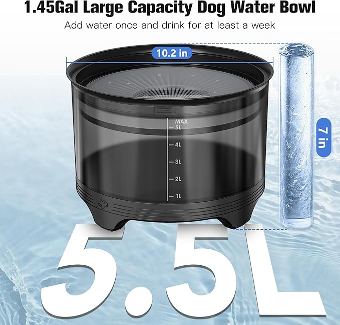 UPSKY 5.5L Dog Water Bowl,186oz Large Capacity No Spill Water Bowl for Dogs, Splash Proof Slow Water Feeder with Heightened Base, Anti-Slip Slow Drinking Pet Water Bowl for Messy Drinkers, B-Black