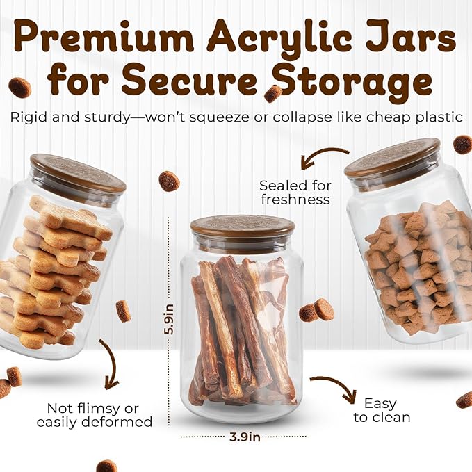 Dog Treat Container - Includes 3 Treat Jars, 1 Treat Bag, Wooden Pet Treat Holder, storage Basket, Dog Treat Station, with Reusable Sticker & Marker - Bone Shape