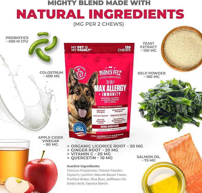 Mighty Petz MAX Dog Allergy Relief Chews - Itch Relief with Colostrum, Probiotics & Immune Support for Seasonal Allergies & Itchy Skin