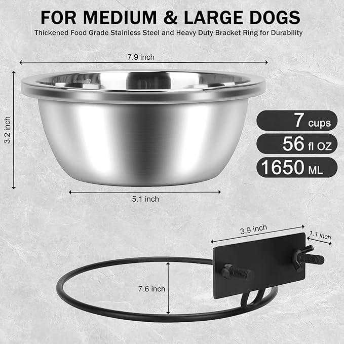 Crate Bowls for Large Dogs, ShineMe Heavy Duty Hanging Dog Bowls for Kennel Cage Crates, No Spill Stainless Steel Dog Crate Water Bowl or Large and Medium Dogs, 56oz, Set of 2