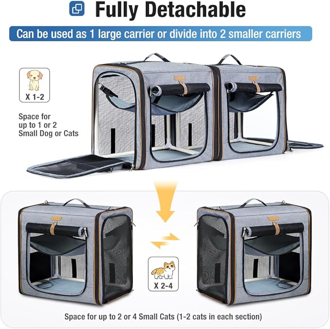 Lekereise 2-in-1 Large Cat Carrier for 2 Cats up to 45 Lbs, (20.85"*2)*19.7"*19.7" Car Travel Carrier with Litter Box, Bowl, and Locking Zipper - Grey