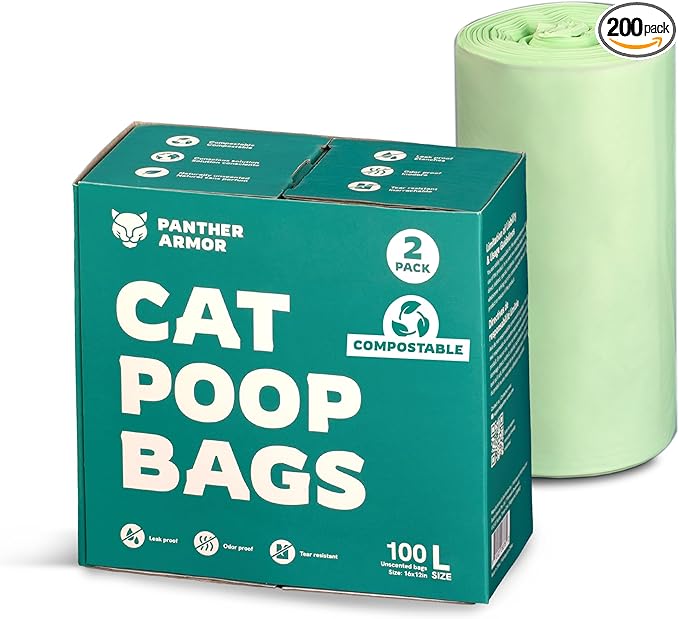 Panther Armor Litter Bags - 200x Unscented Compostable Cat Poop Bags 16x12in Super Large Cat- Kitty Leak Proof Box Trash, Odor Proof Cat Litter Disposal Bags