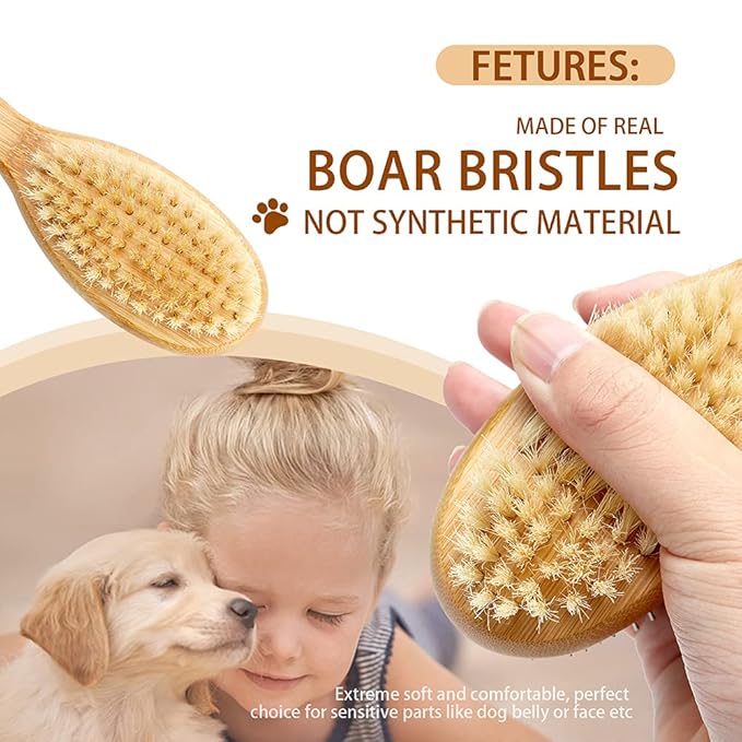 Double Sided Dog and Cat Brush - Bristle and Pin for Grooming, Real Boar Bristle With Bamboo Handle for Long Short Hair, 4 Pack Comb, Black+Yellow