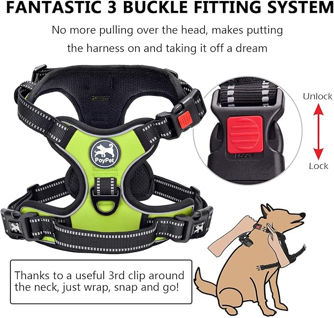 PoyPet No Pull Dog Harness, No Choke Front Clip Dog Reflective Harness, Adjustable Soft Padded Pet Vest with Easy Control Handle for Small to Large Dogs(Green,M)