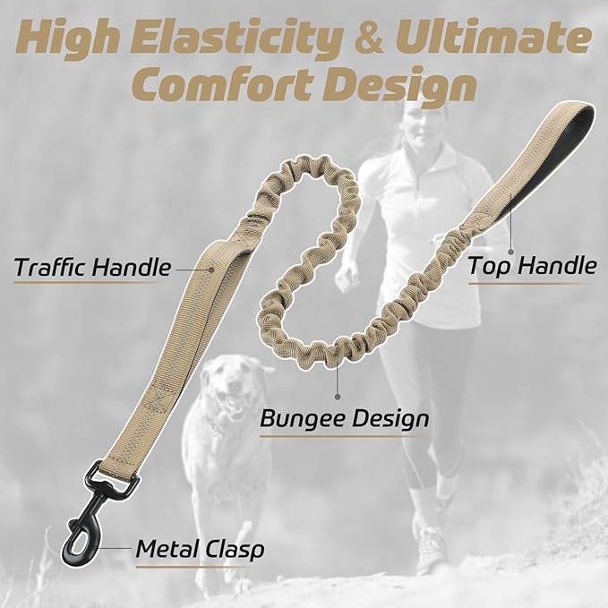rabbitgoo Tactical Bungee Dog Leash with Shock Absorption, Military Training Leash with 2 Padded Control Handles for Medium Large Dogs, 4FT, Brown