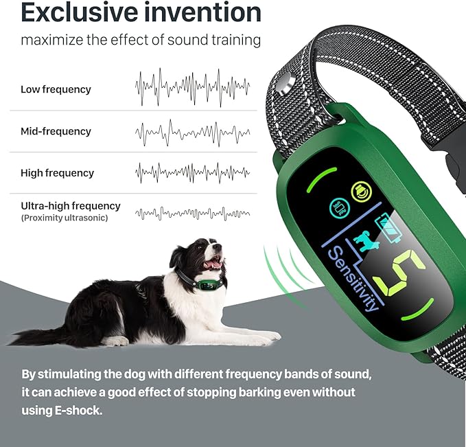 Bark Collar, Rechargeable Dog Bark Collar with 5 Adjustable Sensitivity and Intensity Beep Vibration, Anti Barking Collar for Small Medium Large Breed Dogs (Green)