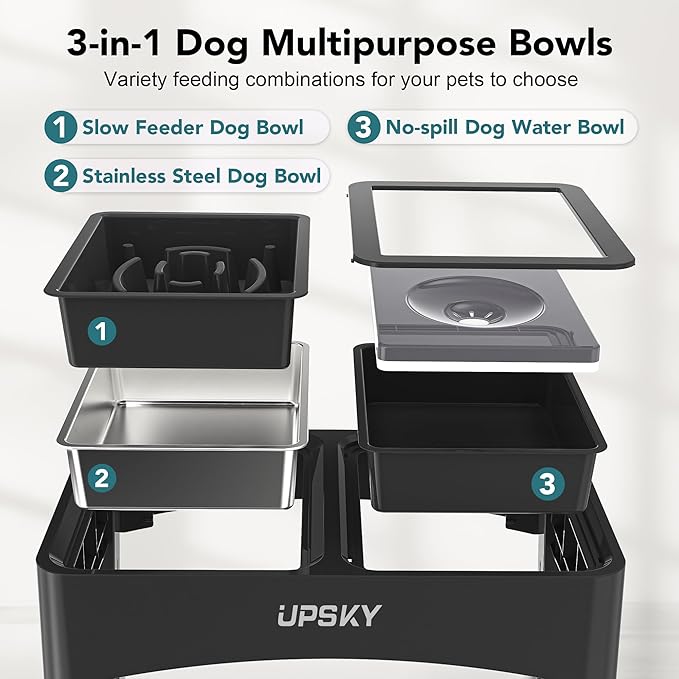 UPSKY 3-in-1 Elevated Dog Bowls: Slow Feeder & No-Spill Stand, Stainless Steel, Adjustable Height for Small & Medium Dogs