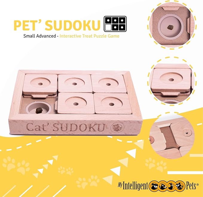 Interactive Wooden Sudoku Puzzle for Cats and Small Dogs - Advanced Brain Pet Toy - 6 Treat-Hiding Holes, Small All-Wood Design