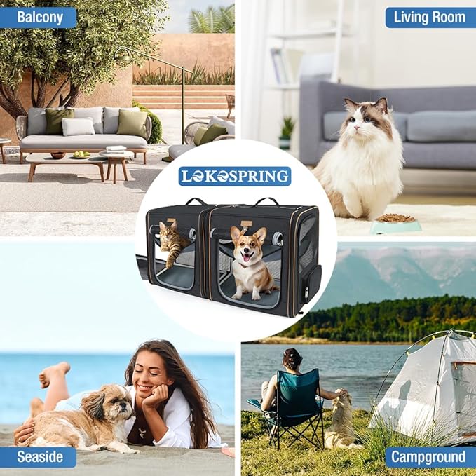 Lekereise 2-in-1 Large Cat Carrier for 2 Cats up to 45 Lbs, (20.85"*2)*19.7"*19.7" Car Travel Carrier with Litter Box, Bowl, and Locking Zipper - Black