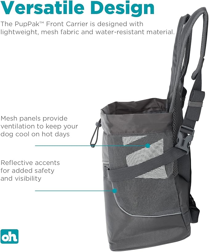 Outward Hound PupPak Dog Front Carrier, Small, Grey – Hands-Free Hiking & Camping Pet Backpack for Small Pets up to 10 lbs, Padded Straps, Breathable Mesh, Water-Resistant, Safety Clip