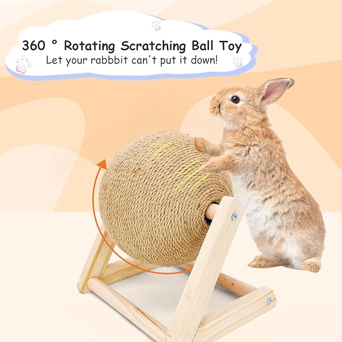 BNOSDM Rabbit Scratch Toy Wooden Natural Sisal Rope Rabbit Scratching Toy Ball Bunny Scratcher with Ball for Rabbits Bunnies Ferrets Kittens Small Animals (Medium)