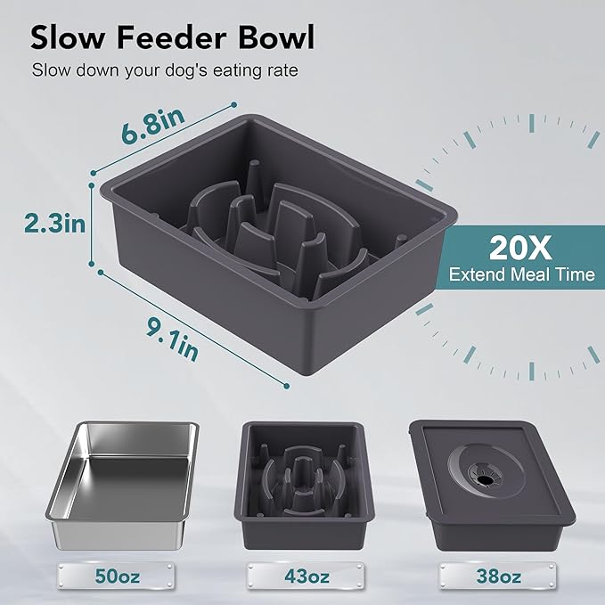 UPSKY Elevated 3-in-1 Dog Bowls: Slow Feeder, Stainless Steel adjustable (4 heights), no-spill, for small/medium dogs (Grey)
