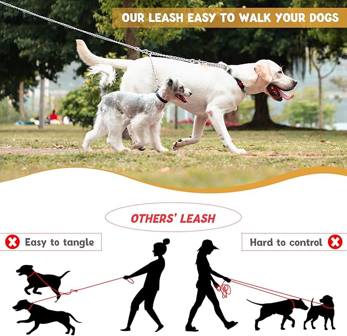 PETTOM Heavy Duty 2 Way Dog Lead Metal Chain Double Pet Clip Leash Coupler 360° Swivel No Tangle Double Dog Walking & Training Leash(XS 2.5mm*40cm Double Leash, Silver)