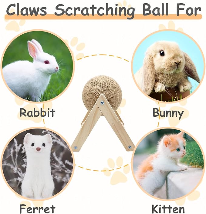 BNOSDM Rabbit Scratch Toy Wooden Natural Sisal Rope Rabbit Scratching Toy Ball Bunny Scratcher with Ball for Rabbits Bunnies Ferrets Kittens Small Animals (Small)