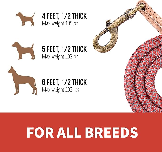 Mile High Life Reflective Dog Leash, Strong Nylon Dog Rope Heavy Duty Dog Training Leashes for Small Medium Large Dogs, Heavy Duty Climbing Rope Dog Leash w Leather Tip(Red, 72 Inch)