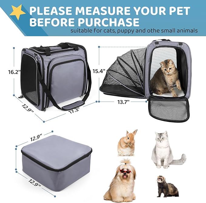 Cat Travel Carrier with Litter Box, Expandable Cat Carrier for Car Travel, Soft Sided Pet Carrier for Cats/Puppies up to 20lbs, Grey