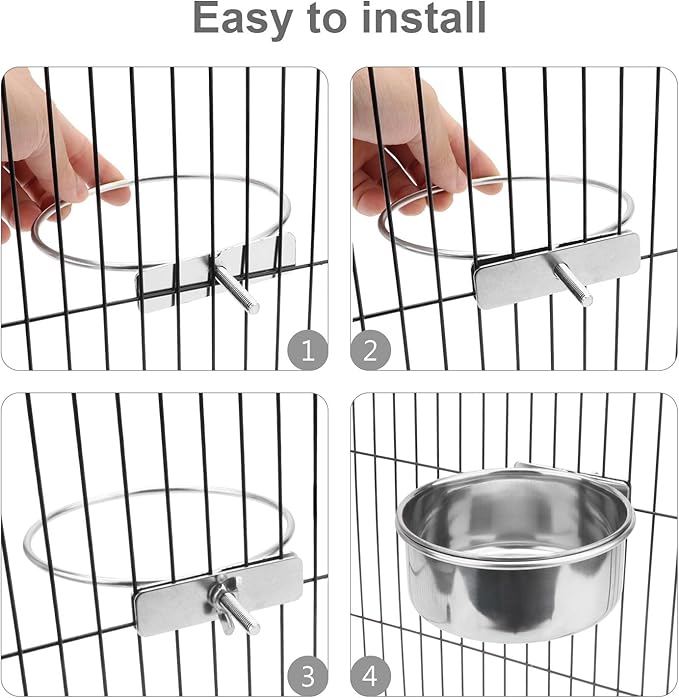 Pet Food Water Bowl with Clamp Holder Stainless Steel Coop Cup Hanging Feeder for Dog Bird Parrot Cat Rabbit (XL)